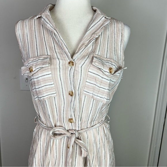 Mine Dress womens M Collared Sleeveless Belted Front Button down cream stripe - Picture 6 of 8